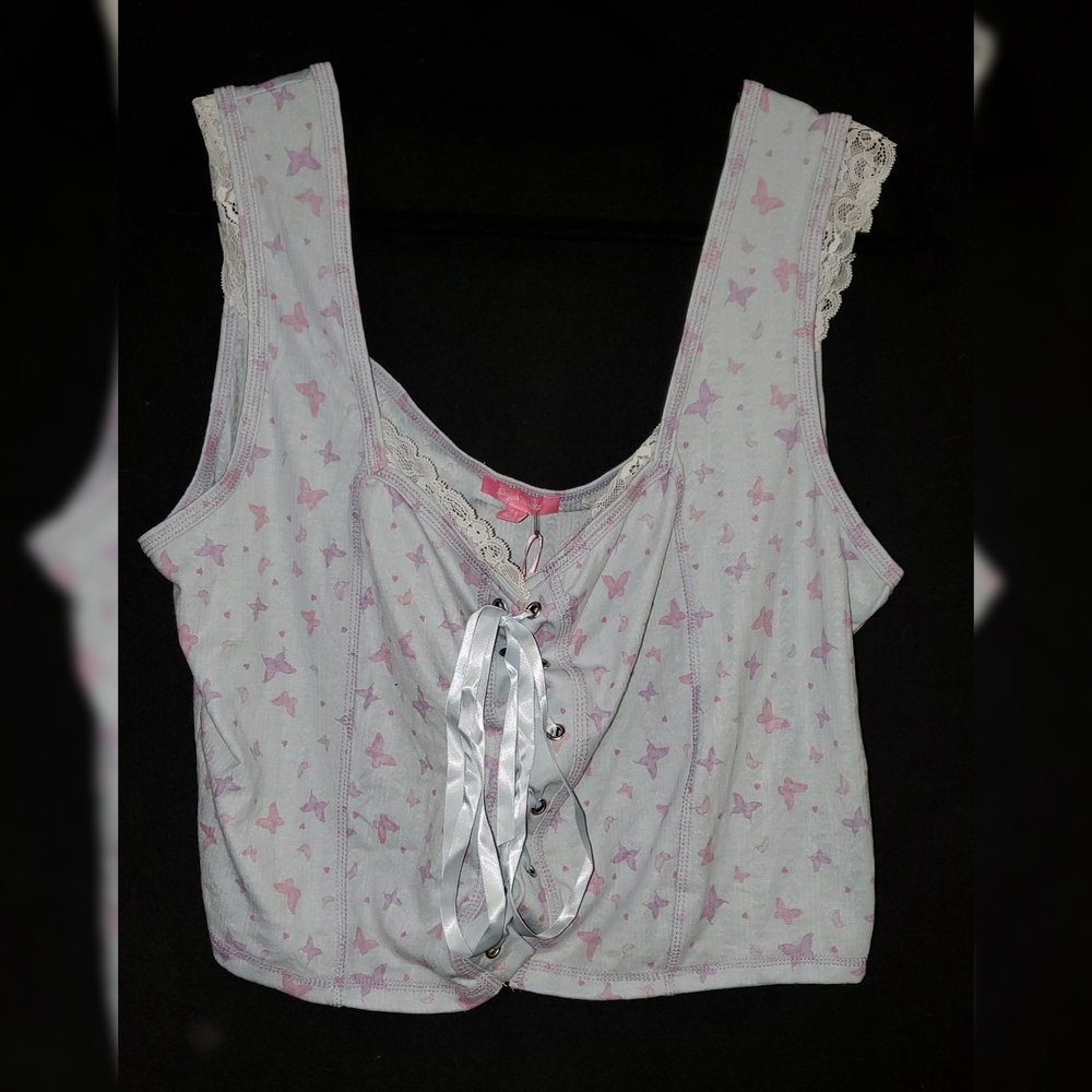 Dolls Kill White Tank Top with Pink Butterfly Print